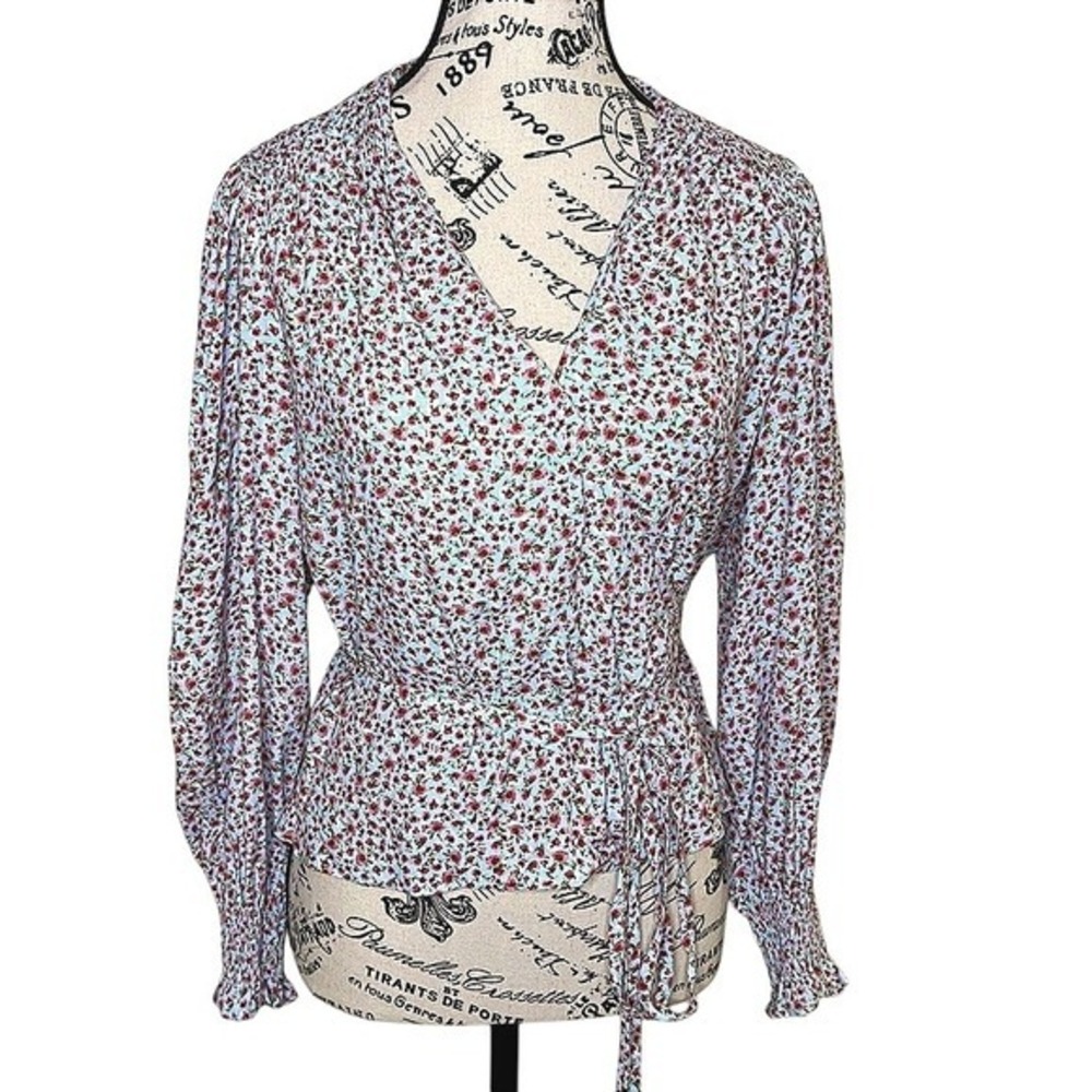 Zara Wrap Blouse XS Blue Red Floral Print V-Neck Tie Waist EUC Romantic‎ Style